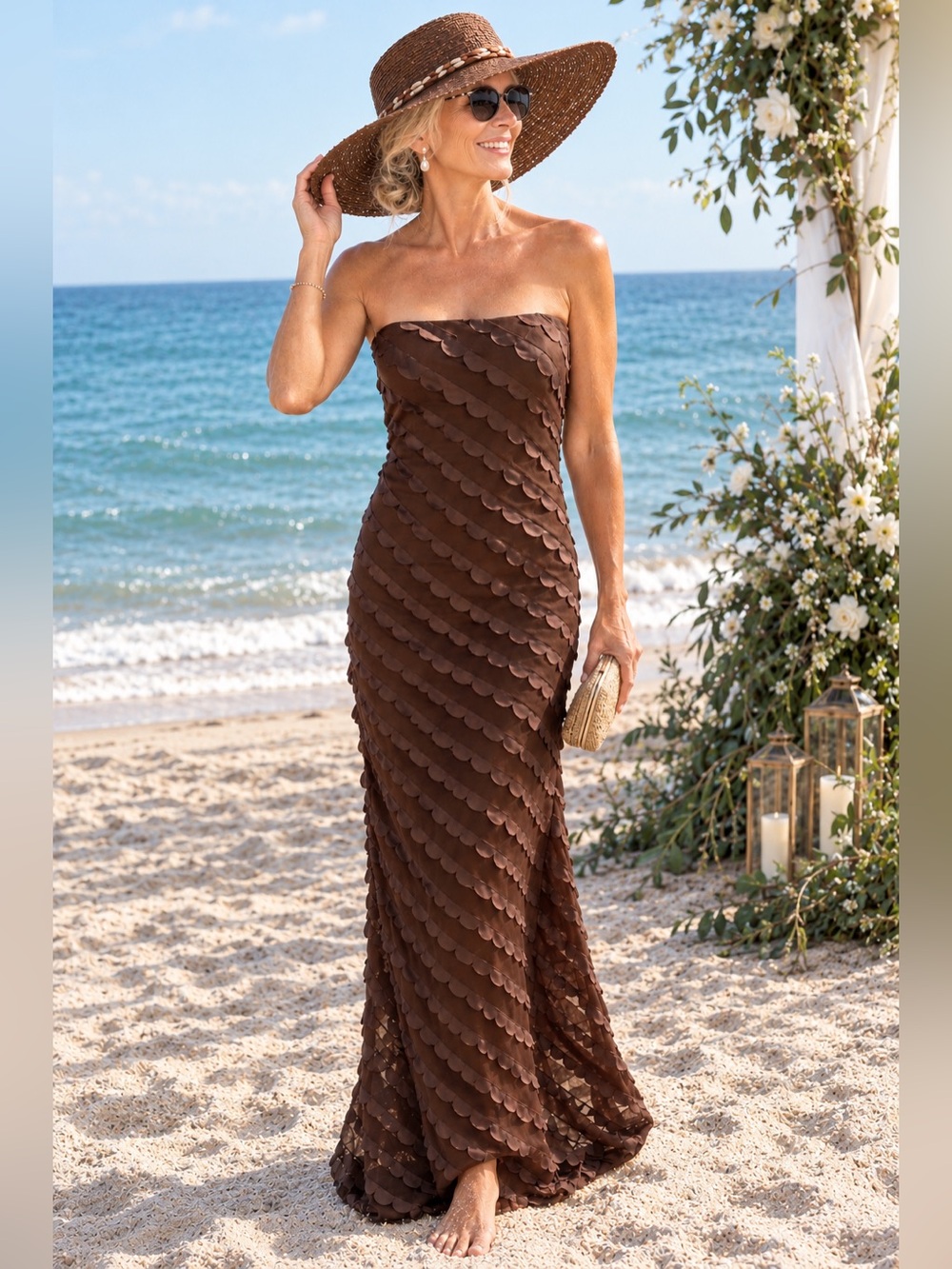 NWT Strapless Chocolate Brown Scallop-Trim Evening Dress